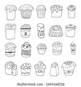 Set of hand drawn easter cake, bread with eggs. Doodle vector illustration in cute style. Element for greeting cards, posters, stickers and seasonal design. Isolated on white background