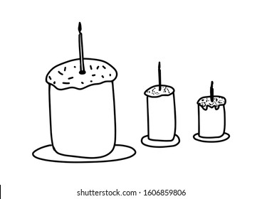 Set hand drawn easter cakes of Happy Easter symbol isolated on white background. Paschal cake on plate.Vector ink sketch illustration. Decorative line art style greeting card, invitation.Sign outline.