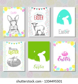 Set of hand drawn easter card with hand lettering. Greeting cards with cute animals: hare and lamb.