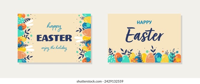 A set of hand drawn Easter cards design. Concept of a background with ornate eggs, rabbits and flowers. Vector illustration