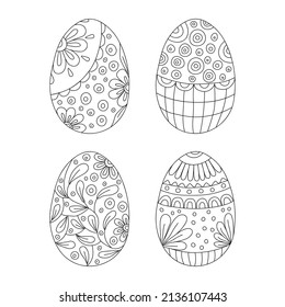 Set of hand drawn Easter chicken eggs with ornament isolated on a white background. Doodle, simple outline illustration. It can be used for decoration of textile, paper and other surfaces.
