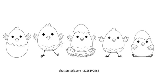 Set of hand drawn Easter chickens. Doodle chicken on a white background. Elements for Easter design and print. Vector illustration