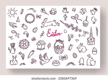 Set of hand drawn Easter drawings, greeting card. Doodle design elements, animals, plants, food, religious symbols. Vector illustration.