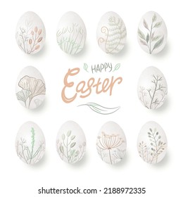 Set of hand drawn Easter eggs vector illustration with elegant botanical leaves on white background. Can be used for Easter banners, greeting cards and posters.