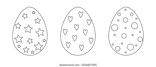 Set of Hand drawn Easter eggs isolated on transparent background. Coloring book page antistress for adults and children. Beautiful doodle ornament. Vector outline sketch illustration