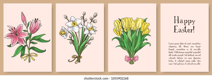 Set of hand drawn easter gift cards. Cards with spring flowers: lily, tulip, narcissus. Greate holiday.