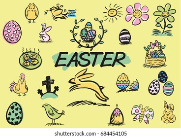 A set of hand drawn Easter related doodles in a loose, colorful style