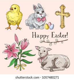 Set Of Hand Drawn Easter Symbols: Easter Rabbit, Little Chick, Lamb, Cross, Lily Bouqet And Willow Branch