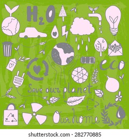 Set of hand drawn eco friendly doodle icons. Unique vector elements.