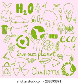 Set of hand drawn eco friendly doodle icons. Unique vector elements.