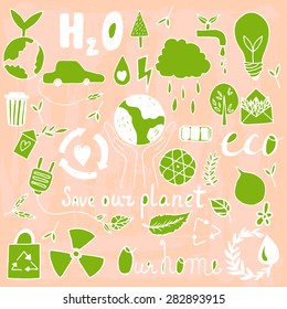Set of hand drawn eco friendly doodle icons. Unique vector elements.