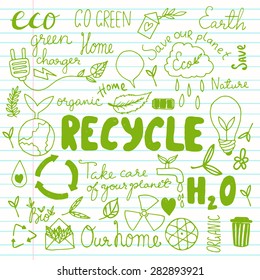 Set Of Hand Drawn Eco Friendly Doodle Icons. Unique Vector Elements.