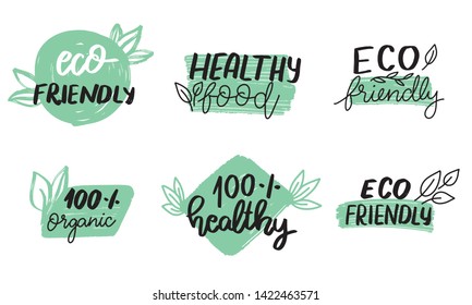 Set of Hand drawn eco healthy badges and label. Healthy products, organic and eco friendly products.