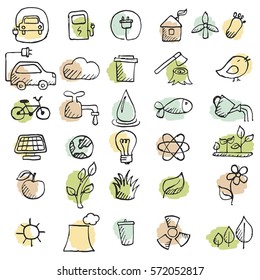 Set of hand drawn eco icons. Collection eco design elements.