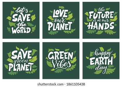 Set of hand drawn eco lettering posters. Think green. Ecology theme template with lettering. Vector illustration on white background