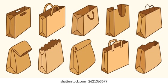 Set of hand drawn eco paper bag doodle illustration