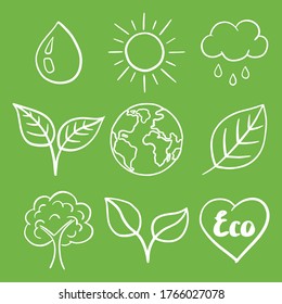 Set of hand drawn ecological signs. White symbols on a green background. Vector illustration in the Doodle style.