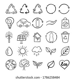 Conjunto de signos ecológicos dibujados a mano. Símbolos negros sobre un fondo blanco. Ilustración vectorial en el estilo Doodle. EPS 10.