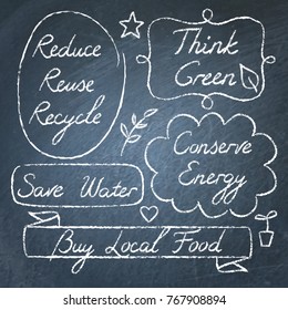 Set of hand drawn ecology lettering on chalkboard - Reduce Reuse Recycle, Save water, Think green, Conserve Energy, Buy Local Food