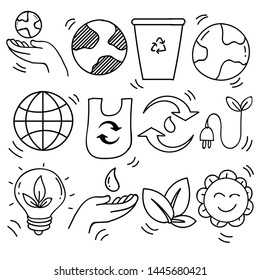 Set of hand drawn ecology, ecology problem and green energy icons in doodle style, vector illustration