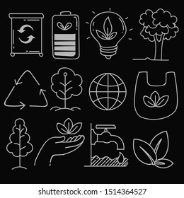 Set of hand drawn ecology, ecology problem and green energy icons in doodle style, vector illustration
