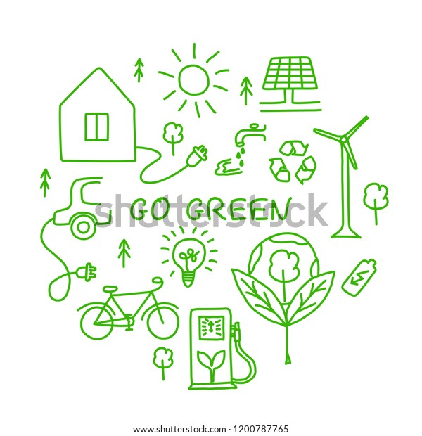 Set of hand\
drawn ecology symbols with house, wind power plant, solar power\
plant, sun, lamp, e-car, bike, gas station, water, batery, trees\
and lettering. Vector\
illustration.