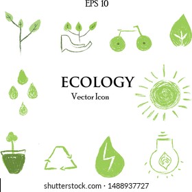 Set of Hand Drawn Ecology vector Icon. Whatsapp, linkind, tumblr, line