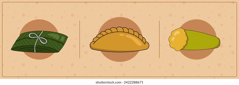 Set of hand drawn Ecuadorian traditional food tamal, empanada, and humita. Latin American gastronomy vector.