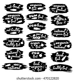 Set of hand drawn editable bio, eco, organic, natural black labels on white background. Collection logos for restaurants, vegan cafe, farm market and organic products packaging. Vector illustration.