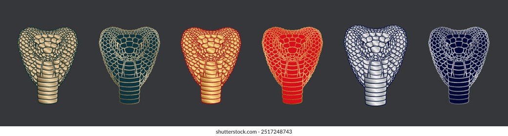 Set of hand drawn editable head of King Cobra snake with detailed scaled skin isolated on dark background. Linear art of green, red and blue dangerous venomous reptile with golden and silver outlining