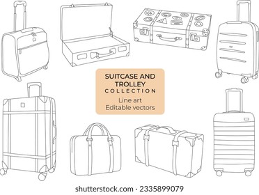 Set of hand drawn editable vector line art illustrations of suitcases and trolleys