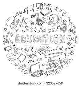 set of hand drawn education doodles shaped in circle. vector illustration