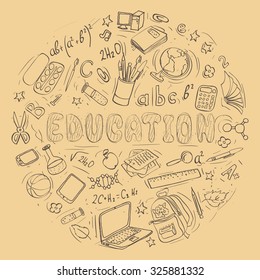 set of hand drawn education doodles shaped in circle. vector illustration