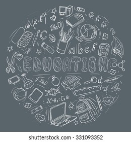 set of hand drawn education doodles shaped in circle. vector illustration