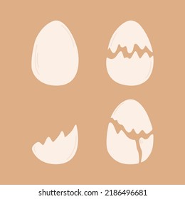 Set of hand drawn eggs flat style, vector illustration isolated on orange background. Whole, broken and open eggs, healthy food, organic product. Design element