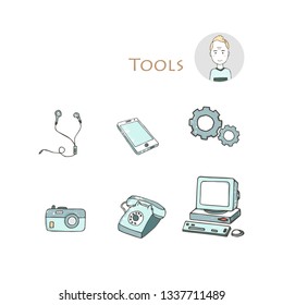 Set of hand drawn electorinc gadget icons with pc, phone, photo camera, headphones, tools, computer, laptop, monitor. Isolated clip art grunge style texture