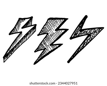 Set of Hand drawn electric lightning. Doodle thunderbolt and thunderstorm. isolated on white background. vector illustration