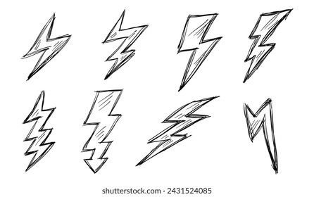 Set of Hand drawn electric lightning. Doodle thunderbolt and thunderstorm. isolated on white background. vector illustration