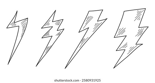 Set of Hand drawn electric lightning. Doodle thunderbolt and thunderstorm. isolated on white background. vector illustration