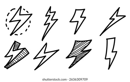 Set of Hand drawn electric lightning. Doodle thunderbolt and thunderstorm. isolated on white background. vector illustration