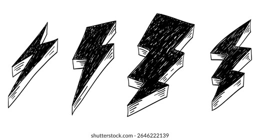Conjunto de Mão desenhado relâmpago elétrico. Rabiscar raio e trovoada. isolado em fundo branco. ilustração vetorial