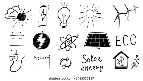 Set of hand drawn electricity icons. Elements of natural energy sources. Energy resource. Vector graphics