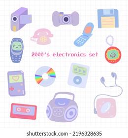 Set von handgezeichneten elektronischen Geräten, Nostalgie-Geräte der 90er und 00er Jahre, süße, isolierte Zeichenkollektion der 2000er Jahre. Vektorgrafik EPS10