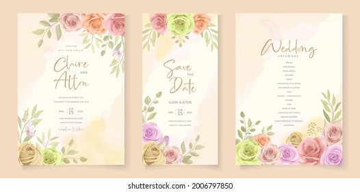 Set of hand drawn elegant floral wedding card template