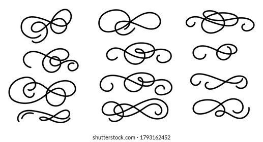 Set of hand drawn elegant flourishes isolated on white background. Vector illustration objects collection for wedding, invitations, posters, decor, menu etc. Vintage swirls, scrolls and swashes.