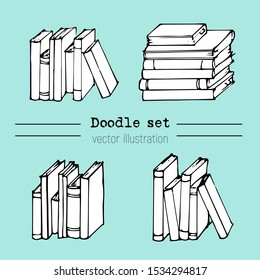 Set of hand drawn elemements for infographic. Vector illustration. Books, Notebooks, Notepads and Diaries. Stack of books. Office stuff, student desk icons. Doodle stationery. Sketch illustration. 
