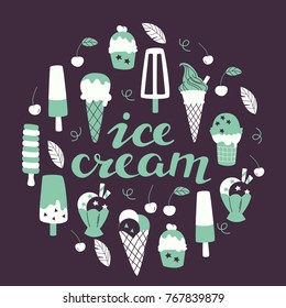 Set of Hand Drawn Element Cartoon Ice Cream. 
