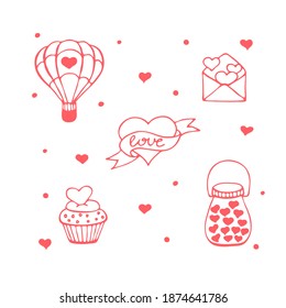 Set of hand drawn elements about love. Design elements isolated on white. Happy Valentine's Day background. Vector illustration.