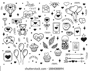 Set of hand drawn elements about love. Design elements isolated on white. Happy Valentine's Day background. Vector illustration.