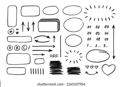 Set of hand drawn elements. Arrows, lines, bubbles, hearts, numbers, frames, rays and others.